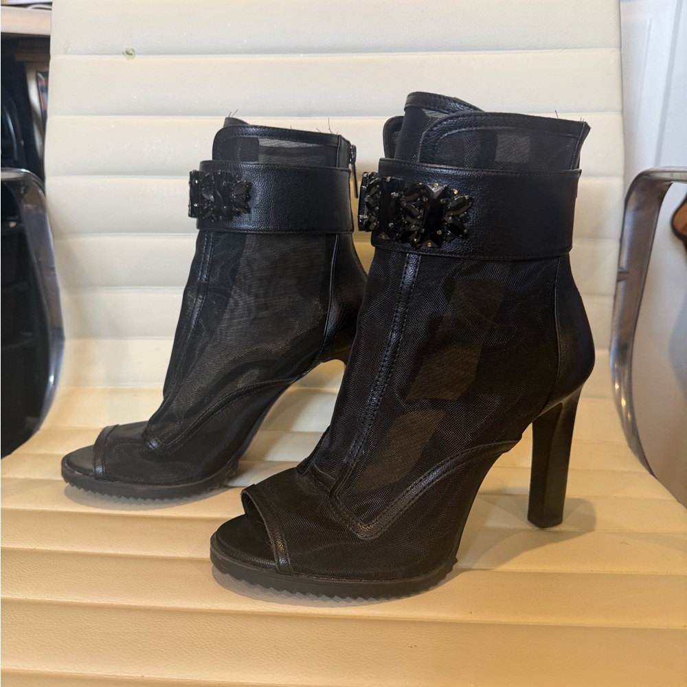 Karl Lagerfeld Black Mesh Jacket Peep-Toe Ankle Booties with Jeweled Strap